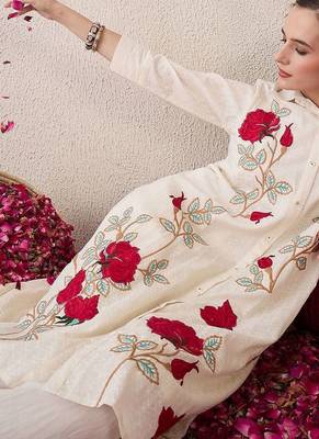 Floral Embroidered Shirt Collar Pure Cotton A-Line Kurta With Trousers 6