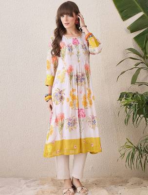 Floral Printed Pleated Round Neck Pure Cotton A-Line Kurta With Trousers 1