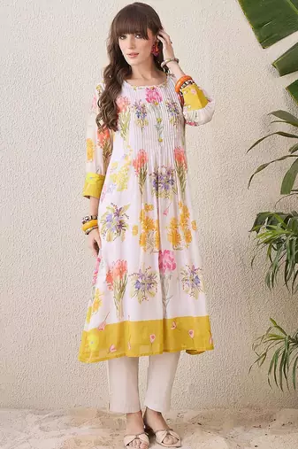 Floral Printed Pleated Round Neck Pure Cotton A-Line Kurta With Trousers