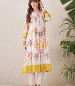 Floral Printed Pleated Round Neck Pure Cotton A-Line Kurta With Trousers