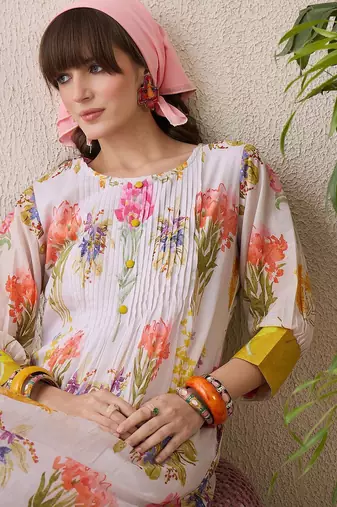 Floral Printed Pleated Round Neck Pure Cotton A-Line Kurta With Trousers