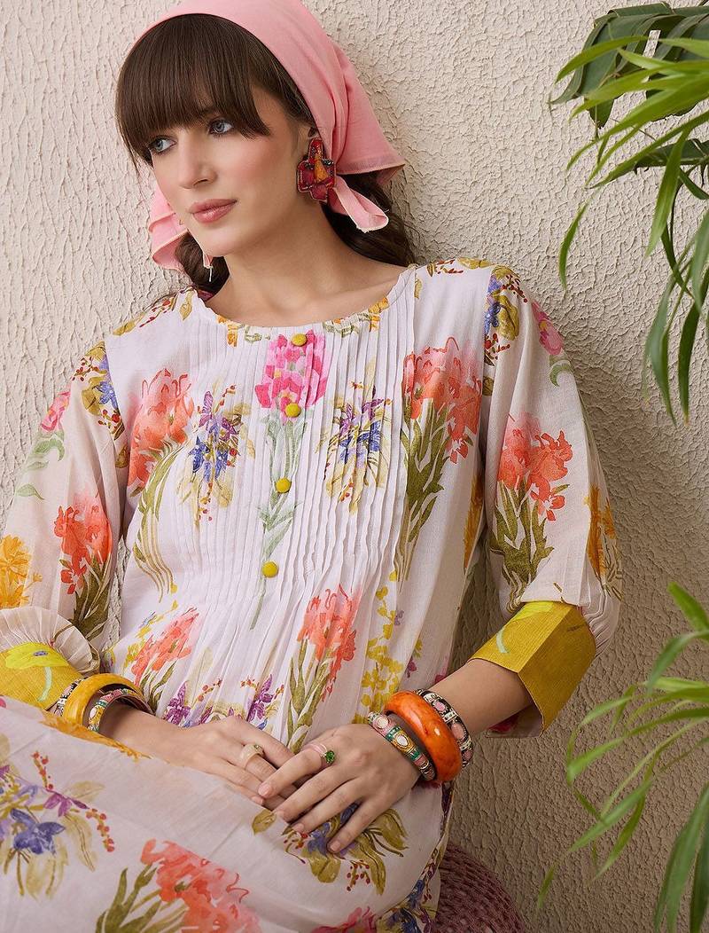 Floral Printed Pleated Round Neck Pure Cotton A-Line Kurta With Trousers