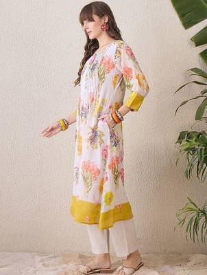 Floral Printed Pleated Round Neck Pure Cotton A-Line Kurta With Trousers 3