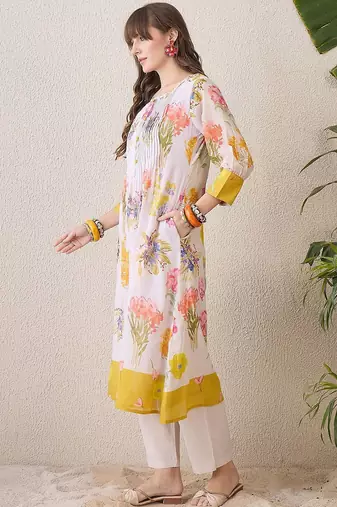 Floral Printed Pleated Round Neck Pure Cotton A-Line Kurta With Trousers