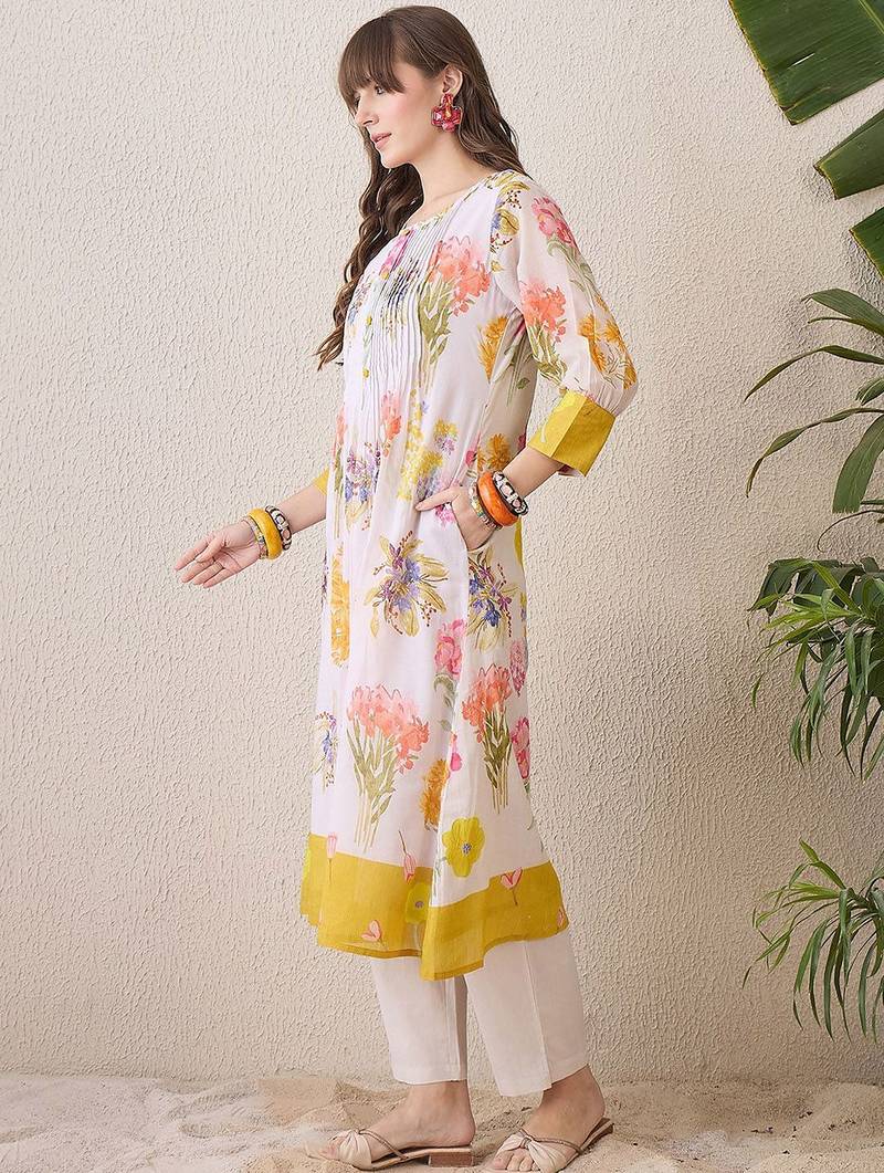 Floral Printed Pleated Round Neck Pure Cotton A-Line Kurta With Trousers