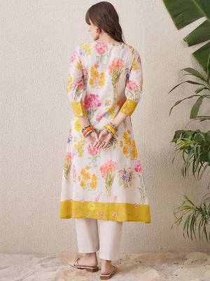 Floral Printed Pleated Round Neck Pure Cotton A-Line Kurta With Trousers 4