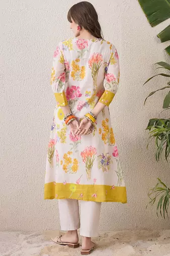 Floral Printed Pleated Round Neck Pure Cotton A-Line Kurta With Trousers