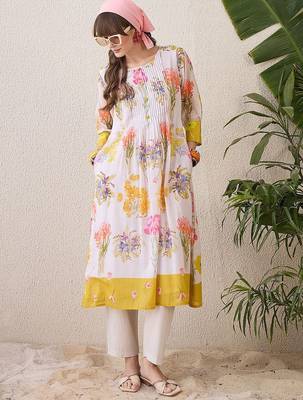 Floral Printed Pleated Round Neck Pure Cotton A-Line Kurta With Trousers 5
