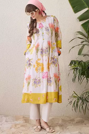Floral Printed Pleated Round Neck Pure Cotton A-Line Kurta With Trousers