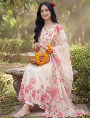 Floral Printed Regular Pure Cotton Kurta with Trousers & With Dupatta 1