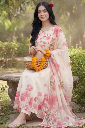 Floral Printed Regular Pure Cotton Kurta with Trousers & With Dupatta