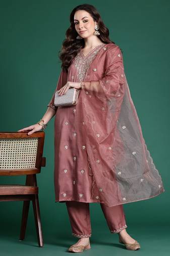 Ethnic Motifs Embroidered Sequinned Kurta with Trousers & With Dupatta