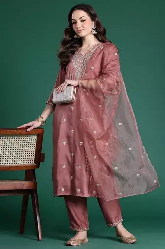 Ethnic Motifs Embroidered Sequinned Kurta with Trousers & With Dupatta