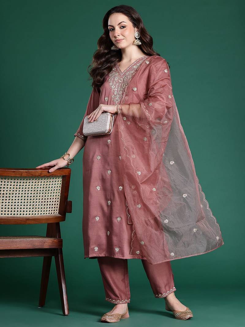 Ethnic Motifs Embroidered Sequinned Kurta with Trousers & With Dupatta