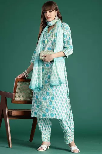 Women Floral Printed Regular Pure Cotton Kurta with Trousers & With Dupatta