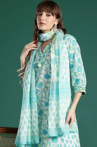 Women Floral Printed Regular Pure Cotton Kurta with Trousers & With Dupatta