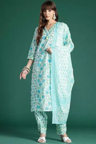 Women Floral Printed Regular Pure Cotton Kurta with Trousers & With Dupatta