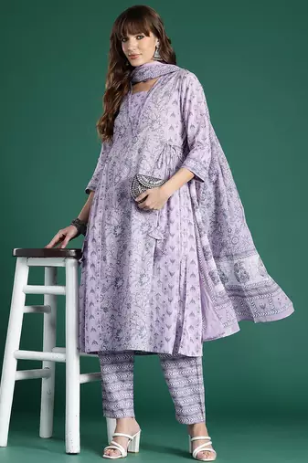 Floral Printed Pleated Pure Cotton Kurta With Trousers & Dupatta