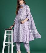 Floral Printed Pleated Pure Cotton Kurta With Trousers & Dupatta