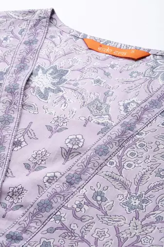 Floral Printed Pleated Pure Cotton Kurta With Trousers & Dupatta