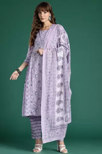 Floral Printed Pleated Pure Cotton Kurta With Trousers & Dupatta