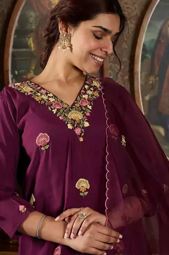 Floral Embroidered Thread Work Kurta With Trousers And Dupatta