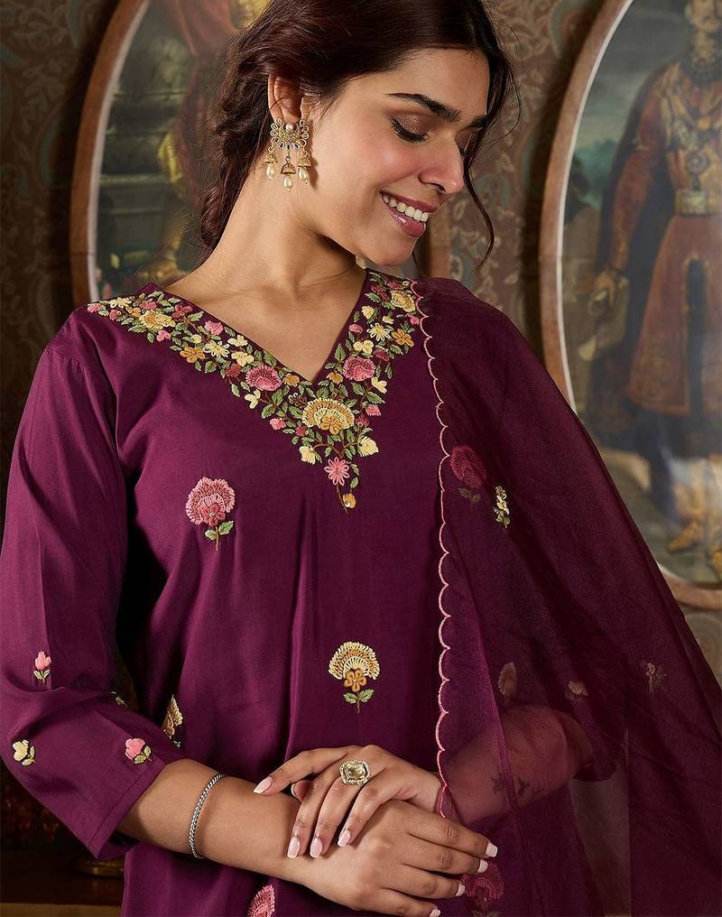 Floral Embroidered Thread Work Kurta With Trousers And Dupatta