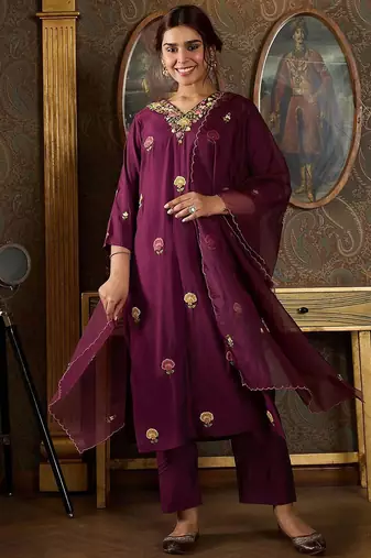 Floral Embroidered Thread Work Kurta With Trousers And Dupatta