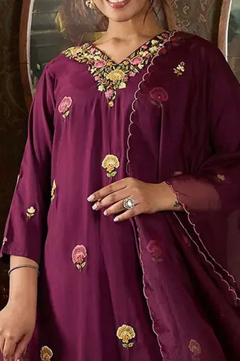 Floral Embroidered Thread Work Kurta With Trousers And Dupatta