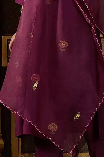 Floral Embroidered Thread Work Kurta With Trousers And Dupatta