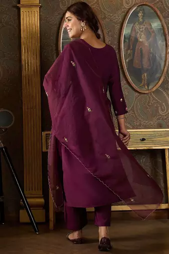 Floral Embroidered Thread Work Kurta With Trousers And Dupatta