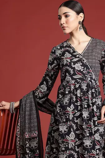 Floral Printed Angrakha Gotta Patti Pure Cotton Kurta Set & Dupatta