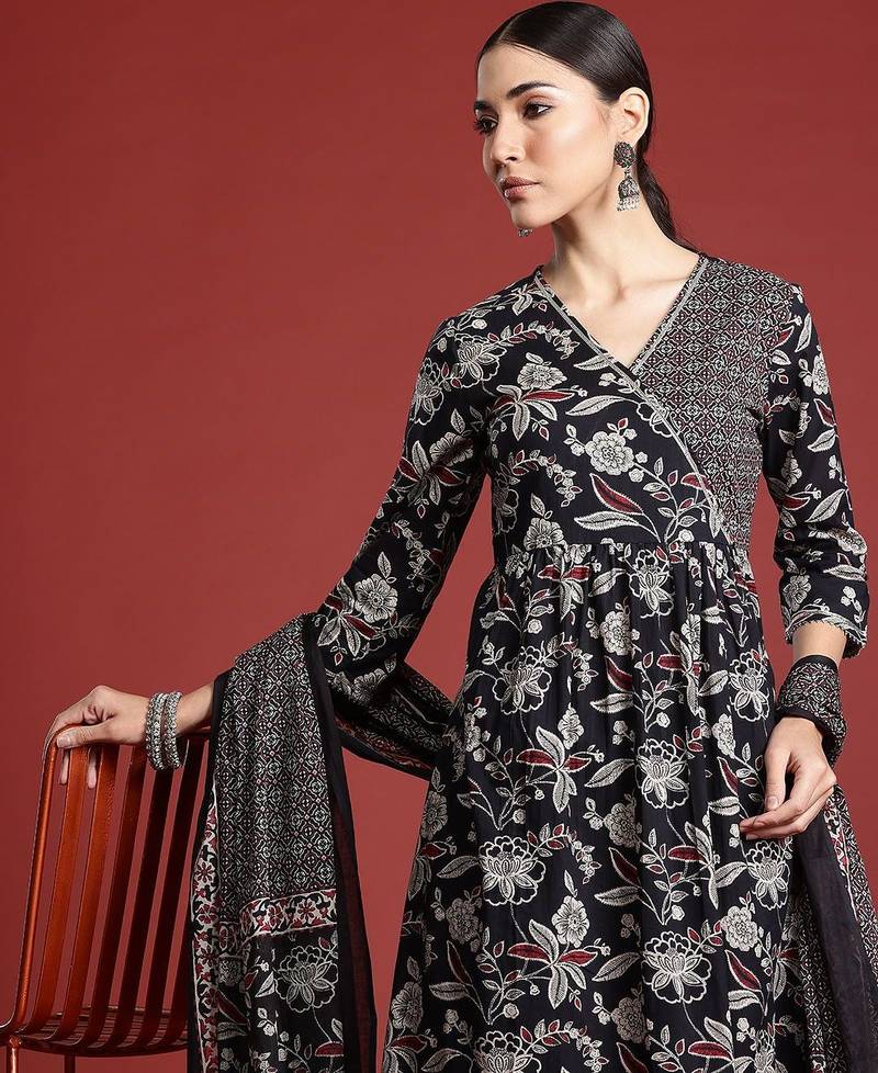 Floral Printed Angrakha Gotta Patti Pure Cotton Kurta Set & Dupatta