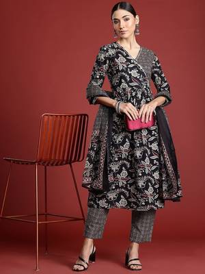 Floral Printed Angrakha Gotta Patti Pure Cotton Kurta Set & Dupatta 5