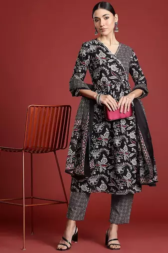 Floral Printed Angrakha Gotta Patti Pure Cotton Kurta Set & Dupatta