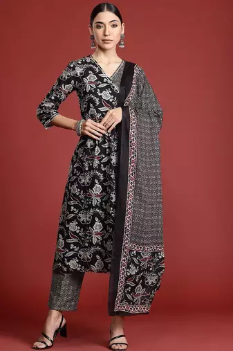 Floral Printed Angrakha Gotta Patti Pure Cotton Kurta Set & Dupatta
