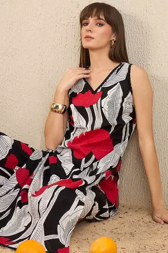Floral Printed Pure Cotton Straight Kurta With Trousers