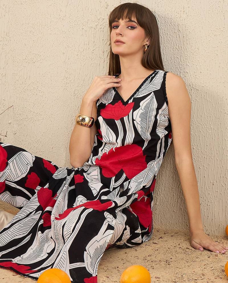 Floral Printed Pure Cotton Straight Kurta With Trousers