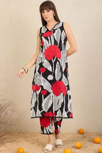 Floral Printed Pure Cotton Straight Kurta With Trousers