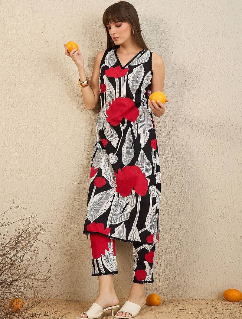 Floral Printed Pure Cotton Straight Kurta With Trousers