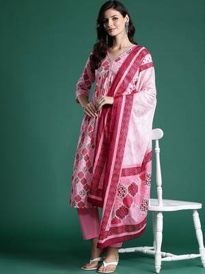 Printed Empire Mirror Work Pure Cotton Kurta With Trousers & Dupatta 1
