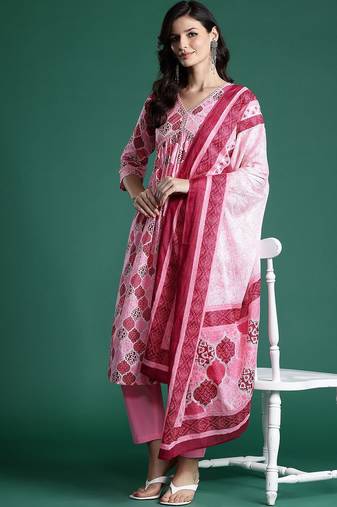 Printed Empire Mirror Work Pure Cotton Kurta With Trousers & Dupatta