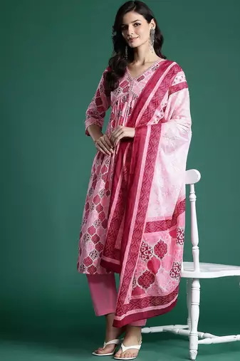 Printed Empire Mirror Work Pure Cotton Kurta With Trousers & Dupatta