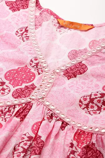 Printed Empire Mirror Work Pure Cotton Kurta With Trousers & Dupatta
