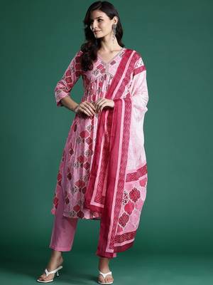 Printed Empire Mirror Work Pure Cotton Kurta With Trousers & Dupatta 5