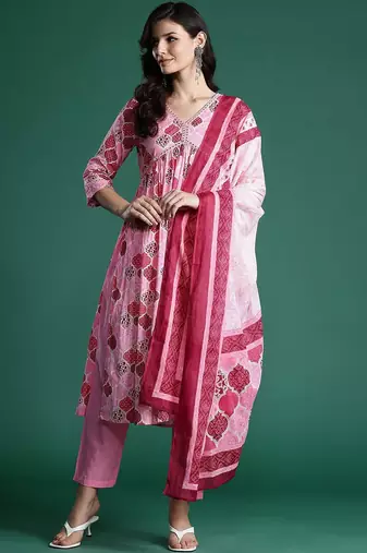 Printed Empire Mirror Work Pure Cotton Kurta With Trousers & Dupatta