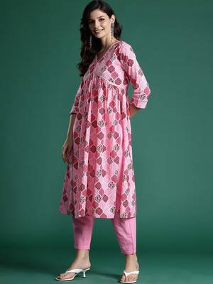 Printed Empire Mirror Work Pure Cotton Kurta With Trousers & Dupatta 6