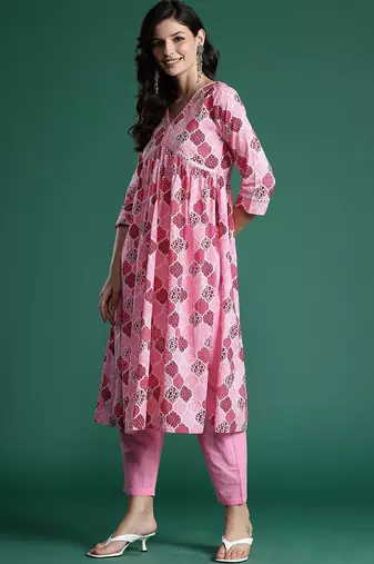 Printed Empire Mirror Work Pure Cotton Kurta With Trousers & Dupatta
