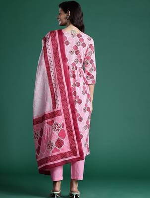 Printed Empire Mirror Work Pure Cotton Kurta With Trousers & Dupatta 7