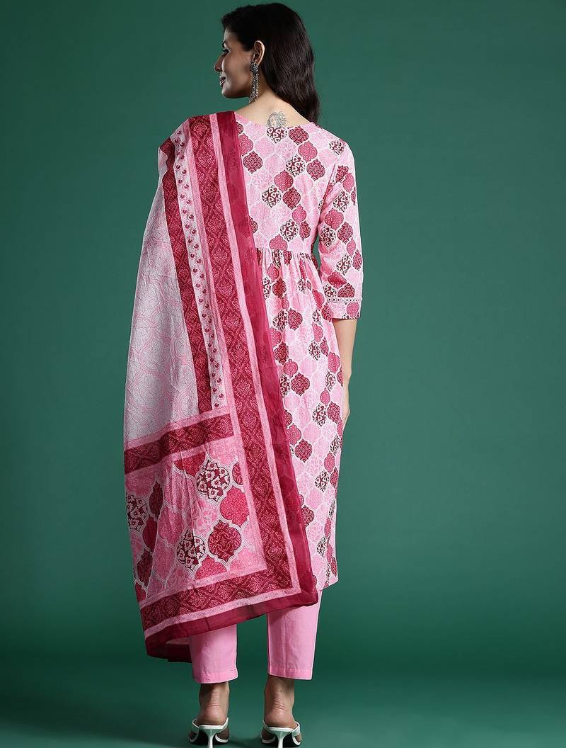 Printed Empire Mirror Work Pure Cotton Kurta With Trousers & Dupatta